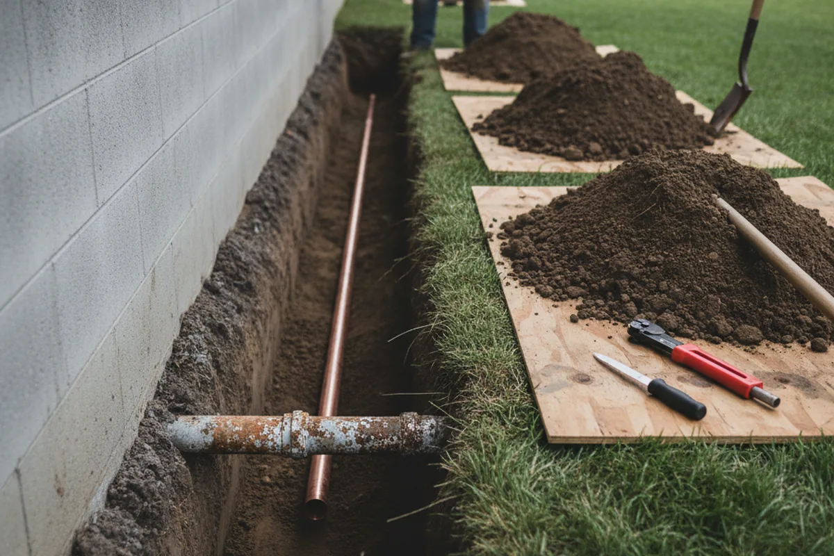 Excavated water line trench during Sewer Line Repair in Buckley